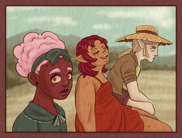 Trio relaxing on a beach, Pudica showing concern, Venus basking in the warm and Wheatly being a grump